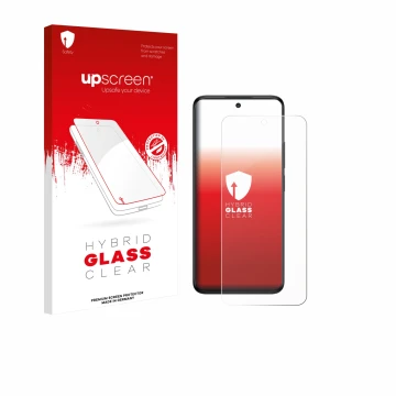 Vorderseite einer Produktverpackung mit dem Markenlogo upscreen. Daneben ist das Gerät TCL 60 5G mit dem zugehörigen Displaysc