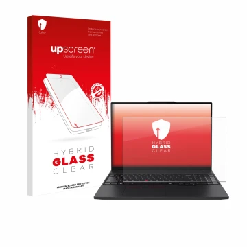 Vorderseite einer Produktverpackung mit dem Markenlogo upscreen. Daneben ist das Gerät Lenovo ThinkPad P16s Gen 4 mit dem zuge