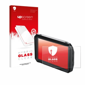 Vorderseite einer Produktverpackung mit dem Markenlogo upscreen. Daneben ist das Gerät Blackmagic Design Pyxis Monitor 5