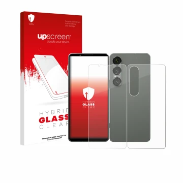Vorderseite einer Produktverpackung mit dem Markenlogo upscreen. Daneben ist das Gerät Sony Xperia 1 VII (Display+Rückseite) m