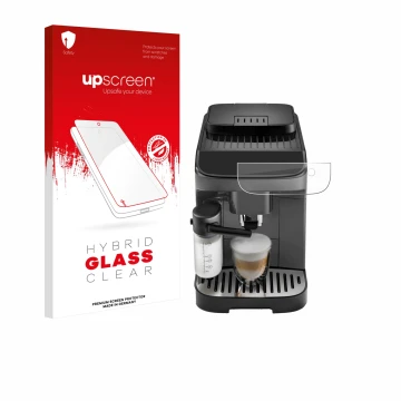 Vorderseite einer Produktverpackung mit dem Markenlogo upscreen. Daneben ist das Gerät DeLonghi Magnifica Evo mit dem zugehöri