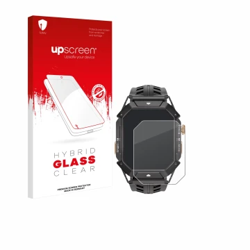 Vorderseite einer Produktverpackung mit dem Markenlogo upscreen. Daneben ist das Gerät Oukitel BT80 mit dem zugehörigen Displa