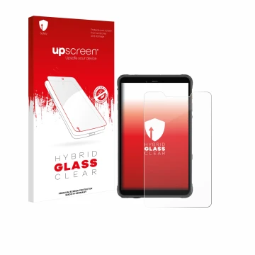 Vorderseite einer Produktverpackung mit dem Markenlogo upscreen. Daneben ist das Gerät Ulefone Armor Pad Pro mit dem zugehörig