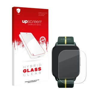 Vorderseite einer Produktverpackung mit dem Markenlogo upscreen. Daneben ist das Gerät Motorola Moto watch fit mit dem zugehör
