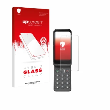 Vorderseite einer Produktverpackung mit dem Markenlogo upscreen. Daneben ist das Gerät Doro Aurora A20 mit dem zugehörigen Dis