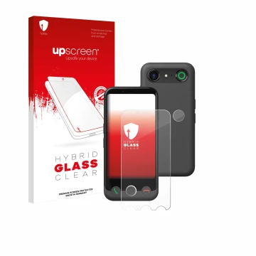Vorderseite einer Produktverpackung mit dem Markenlogo upscreen. Daneben ist das Gerät Doro Aurora A10 (Display+Kamera) mit de