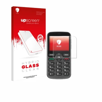 Vorderseite einer Produktverpackung mit dem Markenlogo upscreen. Daneben ist das Gerät Doro 1380 mit dem zugehörigen Displaysc