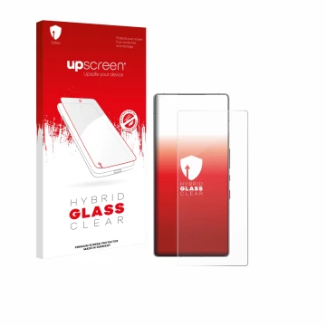 Vorderseite einer Produktverpackung mit dem Markenlogo upscreen. Daneben ist das Gerät ZTE Nubia Red Magic 10S Pro mit dem zug