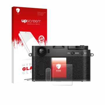 Vorderseite einer Produktverpackung mit dem Markenlogo upscreen. Daneben ist das Gerät Fujifilm X Half X-HF1 mit dem zugehörig