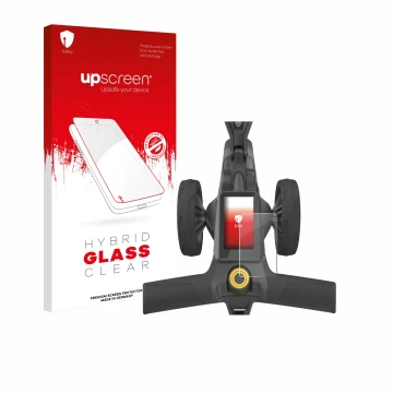 Vorderseite einer Produktverpackung mit dem Markenlogo upscreen. Daneben ist das Gerät PowaKaddy CT10 mit dem zugehörigen Disp