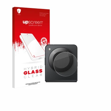 Vorderseite einer Produktverpackung mit dem Markenlogo upscreen. Daneben ist das Gerät Nubia Flip 5G (NUR Kamera) mit dem zuge