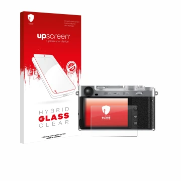 Vorderseite einer Produktverpackung mit dem Markenlogo upscreen. Daneben ist das Gerät Fujifilm X-E5 mit dem zugehörigen Displ