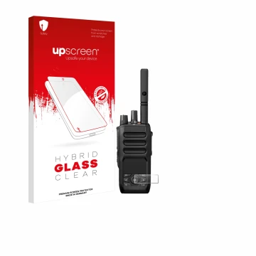 Vorderseite einer Produktverpackung mit dem Markenlogo upscreen. Daneben ist das Gerät Motorola MOTOTRBO R5 mit dem zugehörige