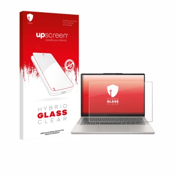 Vorderseite einer Produktverpackung mit dem Markenlogo upscreen. Daneben ist das Gerät Lenovo Chromebook Plus 14 mit dem zugeh