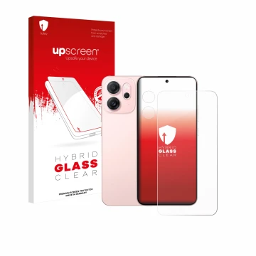 Vorderseite einer Produktverpackung mit dem Markenlogo upscreen. Daneben ist das Gerät Oppo Reno 14 F (Display+Kamera) mit dem