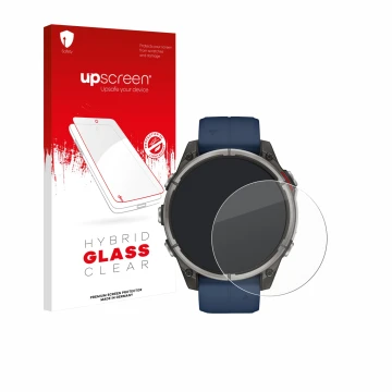 Vorderseite einer Produktverpackung mit dem Markenlogo upscreen. Daneben ist das Gerät Garmin quatix 8 (47 mm) mit dem zugehör