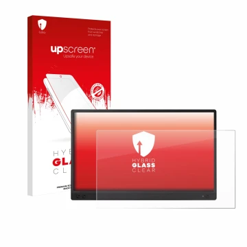 Vorderseite einer Produktverpackung mit dem Markenlogo upscreen. Daneben ist das Gerät ASUS ZenScreen MB166C mit dem zugehörig