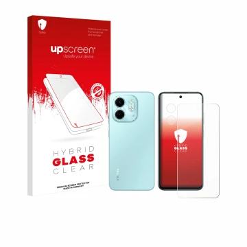 Vorderseite einer Produktverpackung mit dem Markenlogo upscreen. Daneben ist das Gerät Infinix Smart 9 (Display+Kamera) mit de