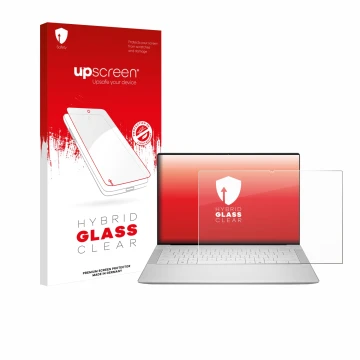 Vorderseite einer Produktverpackung mit dem Markenlogo upscreen. Daneben ist das Gerät Dell 14 Premium Laptop mit dem zugehöri