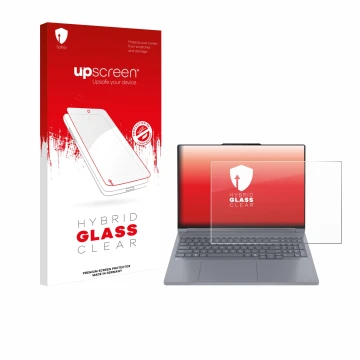 Vorderseite einer Produktverpackung mit dem Markenlogo upscreen. Daneben ist das Gerät Lenovo ThinkBook 16p Gen 6 mit dem zuge