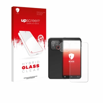 Vorderseite einer Produktverpackung mit dem Markenlogo upscreen. Daneben ist das Gerät Emporia Smart ME7 (Display+Kamera) mit 