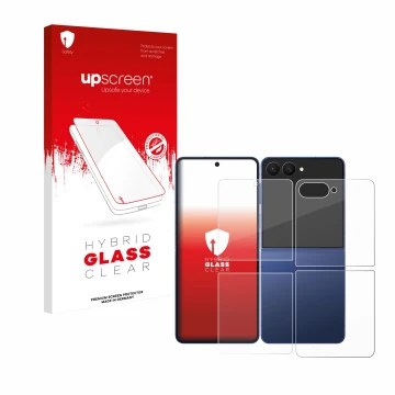 Vorderseite einer Produktverpackung mit dem Markenlogo upscreen. Daneben ist das Gerät Samsung Galaxy Z Flip 7 (Display+Rückse