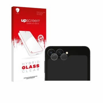 Vorderseite einer Produktverpackung mit dem Markenlogo upscreen. Daneben ist das Gerät Samsung Galaxy Z Flip 7 FE (NUR Kameras