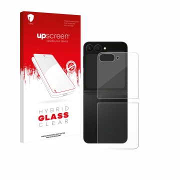 Vorderseite einer Produktverpackung mit dem Markenlogo upscreen. Daneben ist das Gerät Samsung Galaxy Z Flip 7 FE (Rückseite) 