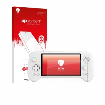 Vorderseite einer Produktverpackung mit dem Markenlogo upscreen. Daneben ist das Gerät Anbernic RG556 mit dem zugehörigen Disp