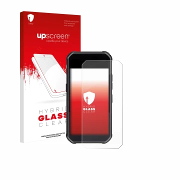 Vorderseite einer Produktverpackung mit dem Markenlogo upscreen. Daneben ist das Gerät SkyCaddie Pro 5X mit dem zugehörigen Di