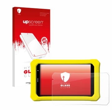 Vorderseite einer Produktverpackung mit dem Markenlogo upscreen. Daneben ist das Gerät Clementoni Clempad 8