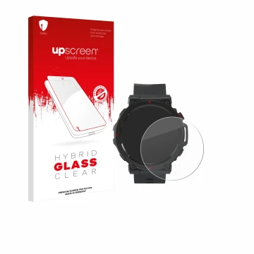 Vorderseite einer Produktverpackung mit dem Markenlogo upscreen. Daneben ist das Gerät Crivit Sport-Smartwatch mit dem zugehör