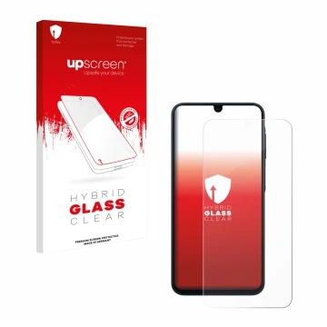 Vorderseite einer Produktverpackung mit dem Markenlogo upscreen. Daneben ist das Gerät Samsung Galaxy A17 4G mit dem zugehörig