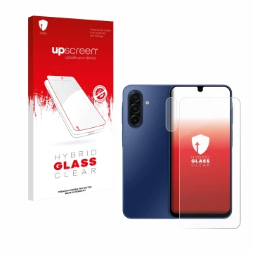 Vorderseite einer Produktverpackung mit dem Markenlogo upscreen. Daneben ist das Gerät Samsung Galaxy A17 4G (Display+Kamera) 