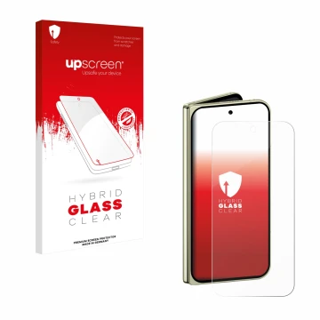 Vorderseite einer Produktverpackung mit dem Markenlogo upscreen. Daneben ist das Gerät Google Pixel 10 Pro Fold mit dem zugehö