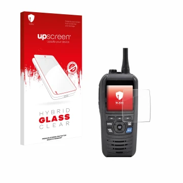 Vorderseite einer Produktverpackung mit dem Markenlogo upscreen. Daneben ist das Gerät Icom IC-M94D mit dem zugehörigen Displa