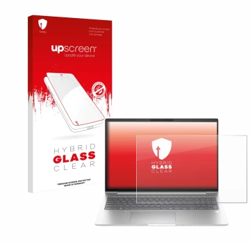 Vorderseite einer Produktverpackung mit dem Markenlogo upscreen. Daneben ist das Gerät HP EliteBook 6 G1i 14 mit dem zugehörig