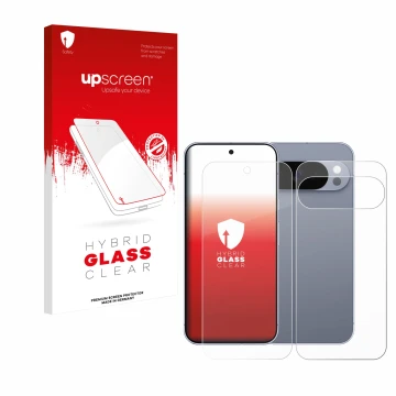 Vorderseite einer Produktverpackung mit dem Markenlogo upscreen. Daneben ist das Gerät Google Pixel 10 Pro (Display+Rückseite)