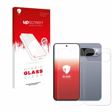 Vorderseite einer Produktverpackung mit dem Markenlogo upscreen. Daneben ist das Gerät Google Pixel 10 Pro XL (Display+Rücksei