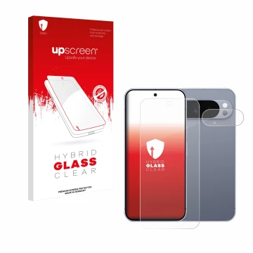 Vorderseite einer Produktverpackung mit dem Markenlogo upscreen. Daneben ist das Gerät Google Pixel 10 Pro XL (Display+Kamera)