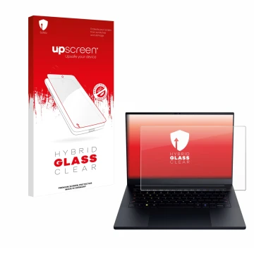 Vorderseite einer Produktverpackung mit dem Markenlogo upscreen. Daneben ist das Gerät Razer Blade 14 2025 mit dem zugehörigen