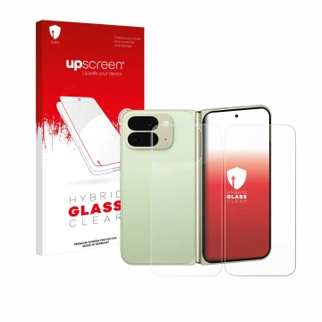 Vorderseite einer Produktverpackung mit dem Markenlogo upscreen. Daneben ist das Gerät Google Pixel 10 Pro Fold (Display+Rücks