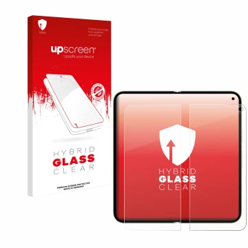 Vorderseite einer Produktverpackung mit dem Markenlogo upscreen. Daneben ist das Gerät Google Pixel 10 Pro Fold (Inneres Displ