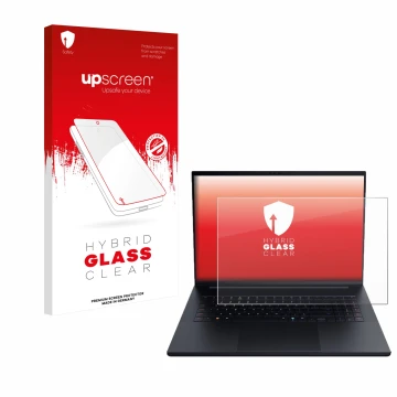 Vorderseite einer Produktverpackung mit dem Markenlogo upscreen. Daneben ist das Gerät Razer Blade 18 2025 mit dem zugehörigen