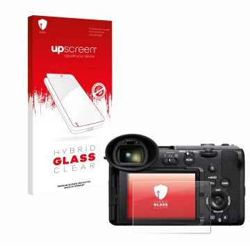 Vorderseite einer Produktverpackung mit dem Markenlogo upscreen. Daneben ist das Gerät Sony Cinema Line FX2 mit dem zugehörige