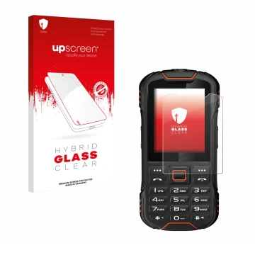 Vorderseite einer Produktverpackung mit dem Markenlogo upscreen. Daneben ist das Gerät Gigaset GLX8 mit dem zugehörigen Displa