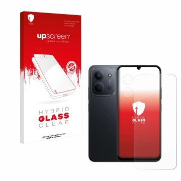 Vorderseite einer Produktverpackung mit dem Markenlogo upscreen. Daneben ist das Gerät Xiaomi Redmi 15C (Display+Kamera) mit d