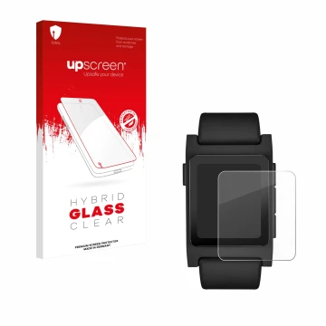 Vorderseite einer Produktverpackung mit dem Markenlogo upscreen. Daneben ist das Gerät Pebble 2 Duo 2025 mit dem zugehörigen D
