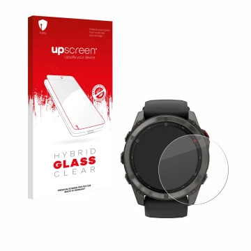 Vorderseite einer Produktverpackung mit dem Markenlogo upscreen. Daneben ist das Gerät Garmin Fenix 8 Pro MicroLED (51 mm) mit