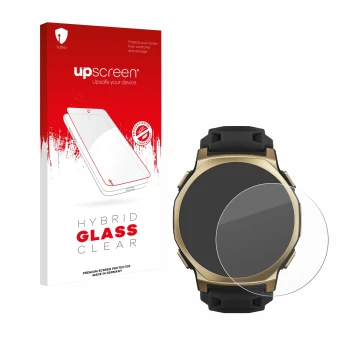 Vorderseite einer Produktverpackung mit dem Markenlogo upscreen. Daneben ist das Gerät Huami Amazfit T-Rex 3 Pro (44 mm) mit d